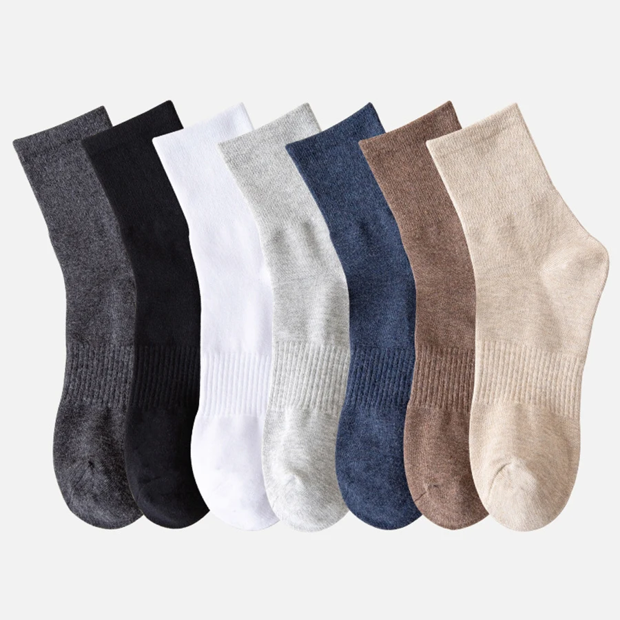 1 Pair Comfortable Cotton Men Socks Solid Colors Black White Brown Ribbed Top Design Casual Crew Style Spring Autumn Size 7-9