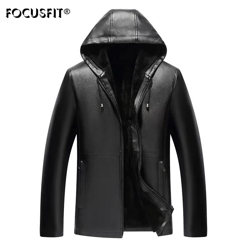 FOCUSFIT blouson d'hiver en cuir à capuche pour homme, matière PU, décontracté, Plus velours