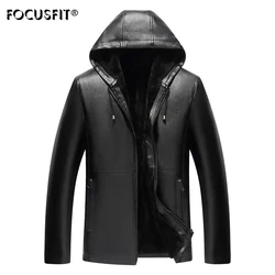 FOCUSFIT Men's Winter Hooded Leather Jacket Men's PU Material Casual Leather Jacket Plus Velvet Men's Leather Jacket