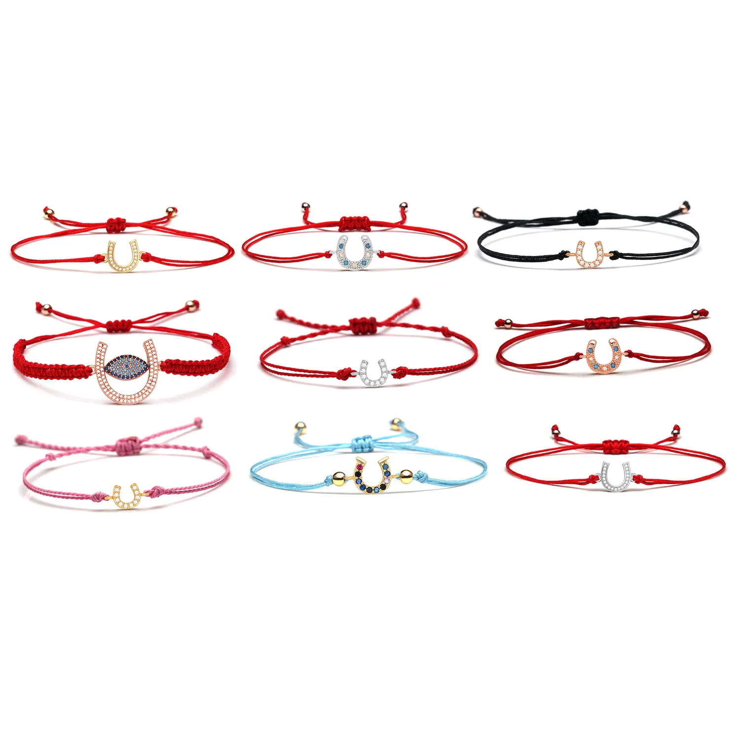 Cubic Zirconia Crystal Tiny Horseshoe Lucky Charm Bracelet Women Men Red Black White Green Waxed String Brass CZ Braided Jewelry