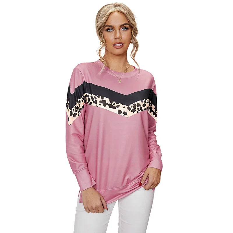 Sweater for Women Autumn and Winter New Leopard Print Contrast Color round Neck Long Sleeve Casual Top Women
