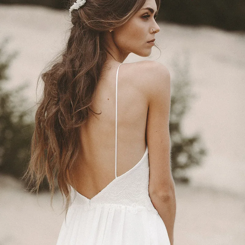 Robe de mariée blanche en mousseline de soie, style Boho, col en V Spaghetti, fente haute, Robe de soirée