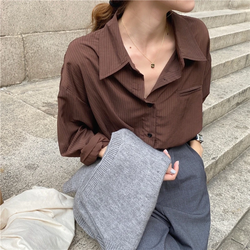 New 2024 Autumn Winter Women\'s Blouses Striped Casual Fashionable Vintage Oversize Office Lady Wild Standard Shirts Tops BL9129