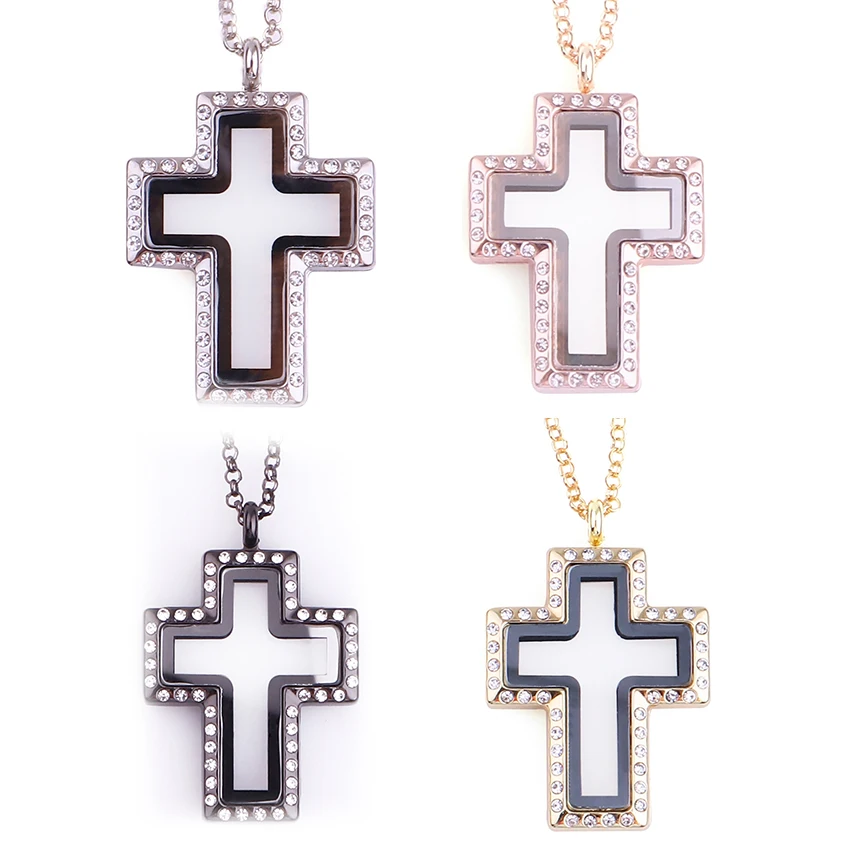 10Pcs/Lot  Cross Glass Living Floating Charm Locket Memory Relicario Pendant Necklaces For Women Collier Jewelry Accessories