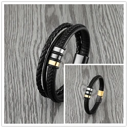 Braided Rope Black Leather Bracelet For Men And Women Couples Simple Stainless Steel Charm Retro Jewelry Bracelet Gift