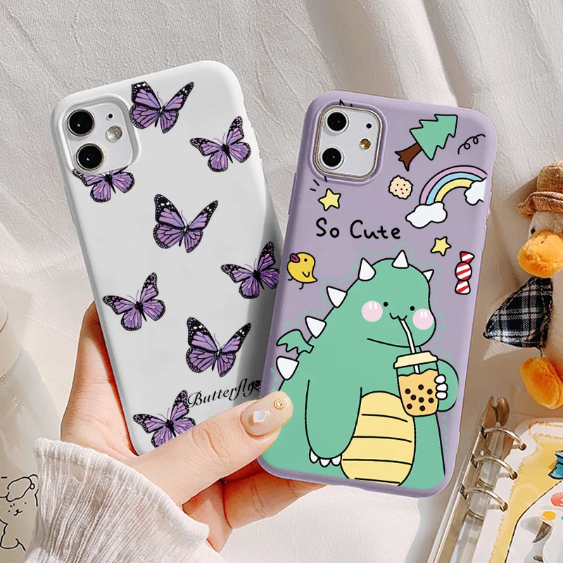 Case for iPhone 11 12 13 Pro Max Mini SE 2020 XR XS Max X 10 6 6S 8 7 Plus Funny Dinosaur Butterfly Flower Frog Rainbow Cover