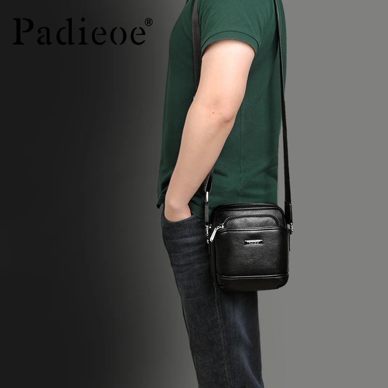 Padieoe genuine leather shoulder bag for man small high quality men crossbody bag black cow leather mini messenger bag man