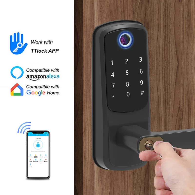 

Electronic Bluetooth Ttlock App Smart Door Lock Keyless rfid Card Digital Code Biometric Fingerprint Lock for Home Wooden Door