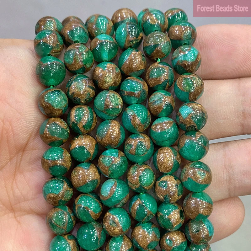 Natural Green Golden Stripe Cloisonne Stone Loose Round Beads for Jewelry Making 15