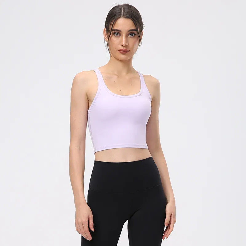 Solid Color Sport Tank Gym Yoga Vest Crop Top Tight Fitness Bra Women Workout Training With Removable Chest Pad Moisture Wicking