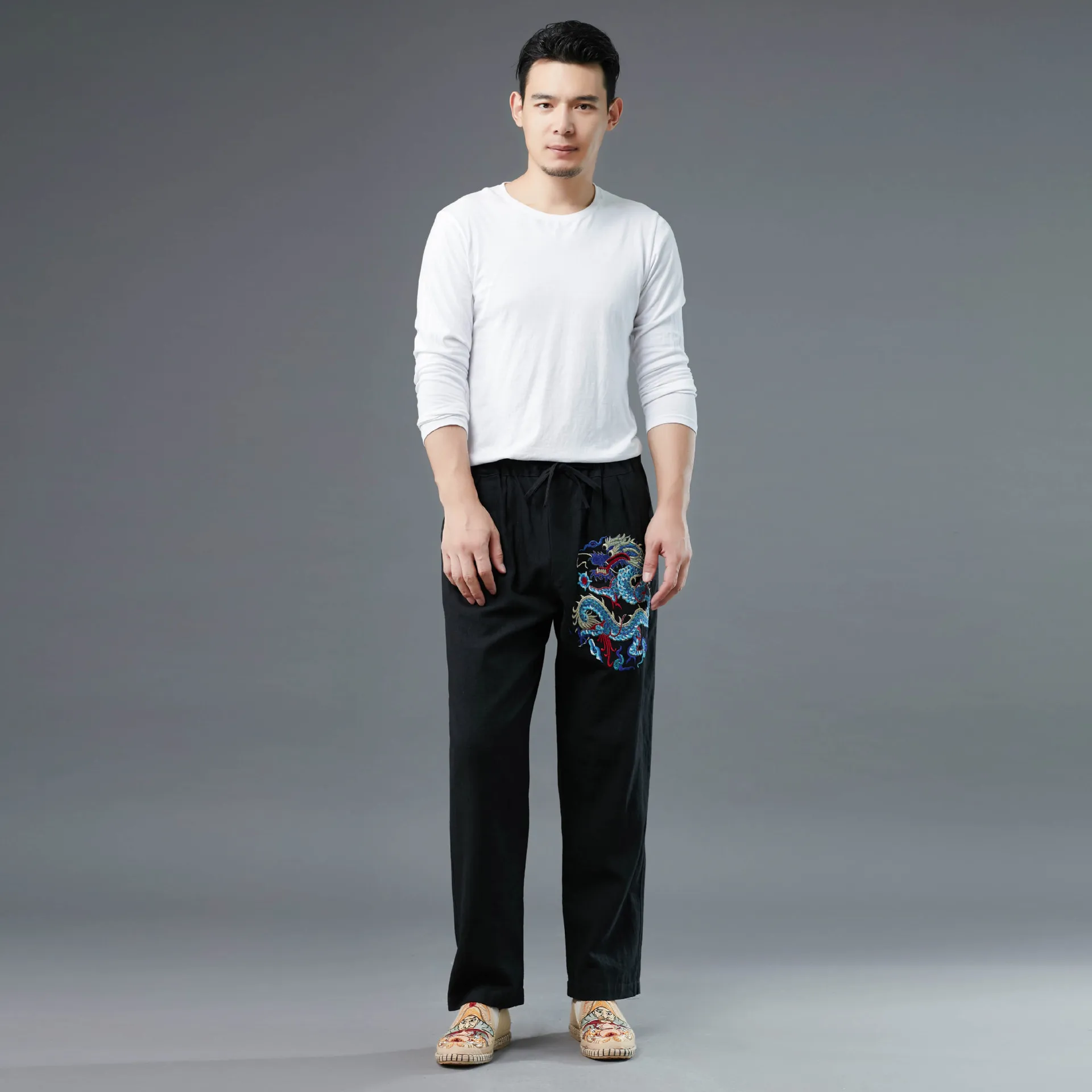 Men Yoga Tai Chi Pant Linen Embroidery Chinese Traditional Loose Sweatpant Bloomers Casual Jogger Running Workout Pant Trousers