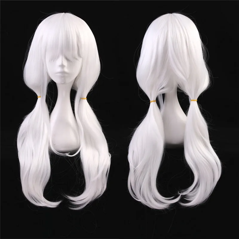 Danganronpa v3 angie yonaga anjii anime cosplay peruca resistente ao calor perucas 70cm branco ondulado longo cabelo sintético para mulher + peruca boné