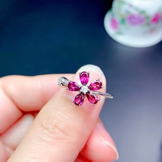 KJJEAXCMY fine jewelry 925 sterling silver inlaid Natural pyrope garnet New girl elegant simple flower gem ring support test