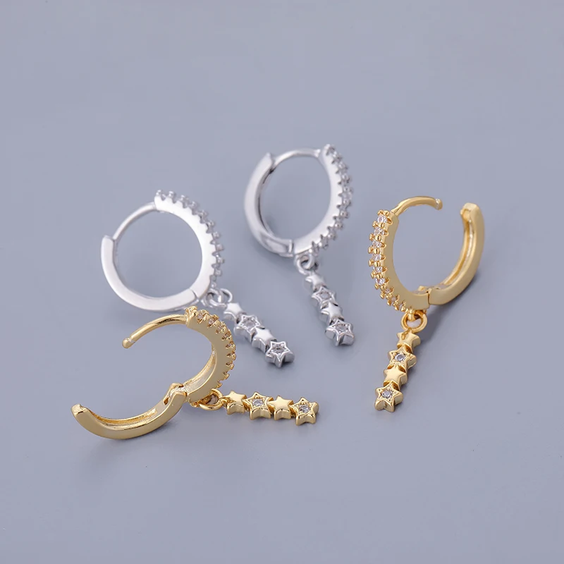 Vintage Light Luxury Stainless Steel Earrings Zircon Star Connected Pendant Hoop Earrings For Women Sweet Party Wedding Jewelry