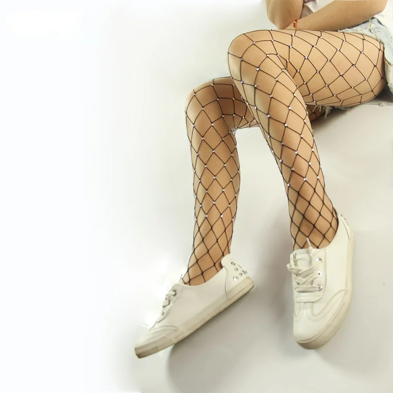 Sexy Women Rhinestone Fishnet Tights Crystal Stockings Black White BIG Larger Mesh Diamond Glitter Pantyhose  Sexy Tights Socks