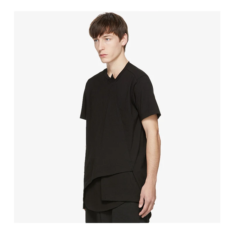 Men's new double-layer inclined niche design short-sleeved men's false two irregular design loose large size T-shirt