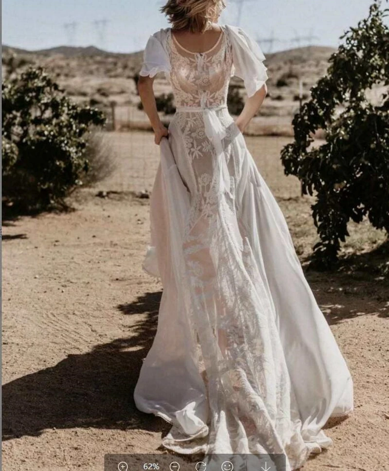 Sexy Bohemian Spitze Hochzeit Kleid Square Neck Flare Ärmeln EINE Linie Chiffon Sweep Zug Spitze Strand Brautkleid Robe De mariee