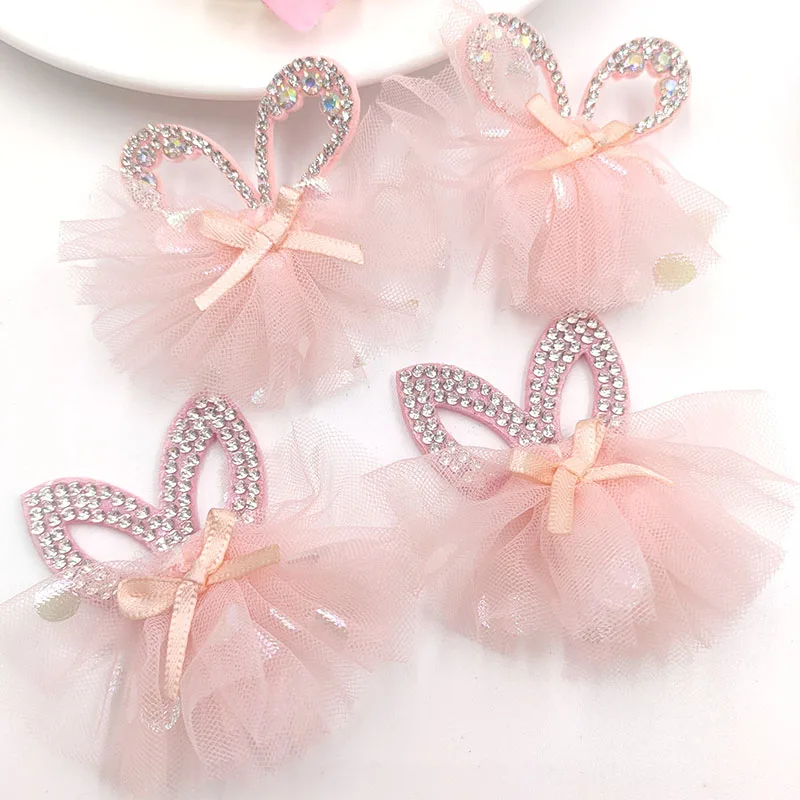 10Pcs/Lot Multi Styles Heart Padded Appliques With Mesh Skirt And Ball Decoration For Children Headwear Hair Clip Accessories