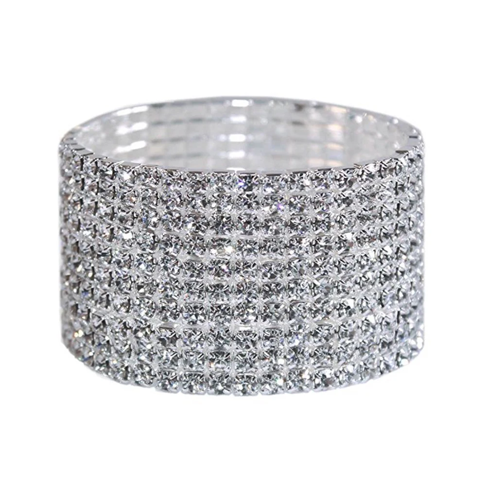 TREAZY 1-10 Rows Rhinestones Bridal Wedding Bangles Gold/Silver Color Crystal Stretch Bracelet Women Wristband Elastic Jewelry