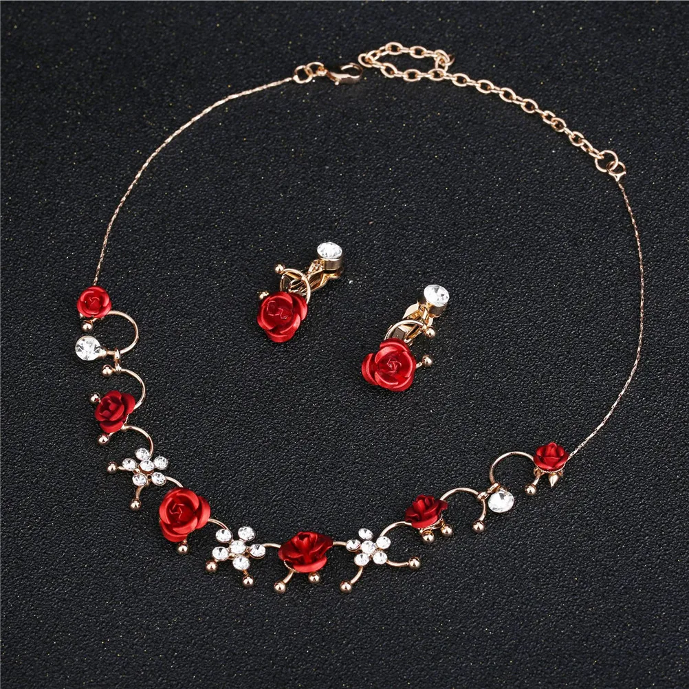 3pcs/set Elegant 1 Pair Ear Clip+1 Necklace Red Flower Casual Dress Accessory Women Fashion Alloy Ear Clip Neckless Jewelry Set