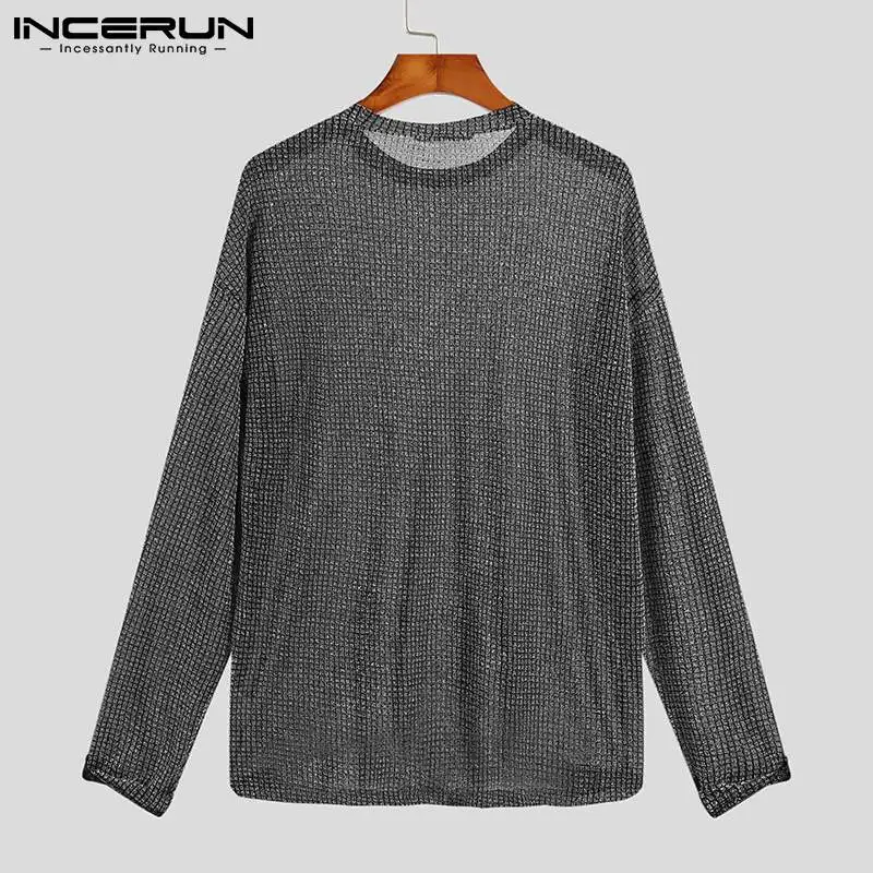 INCERUN 2023 Fashion Men T Shirt Mesh See Through O-neck Long Sleeve Camisetas Party Nightclub Streetwear Sexy Tee Tops S-5XL