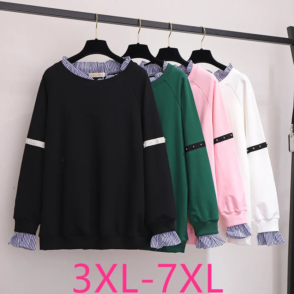 

New 2021 Autumn Winter Plus Size Tops For Women Large Pullover Long Sleeve Loose Cotton Thick Green T-shirt 3XL 4XL 5XL 6XL 7XL