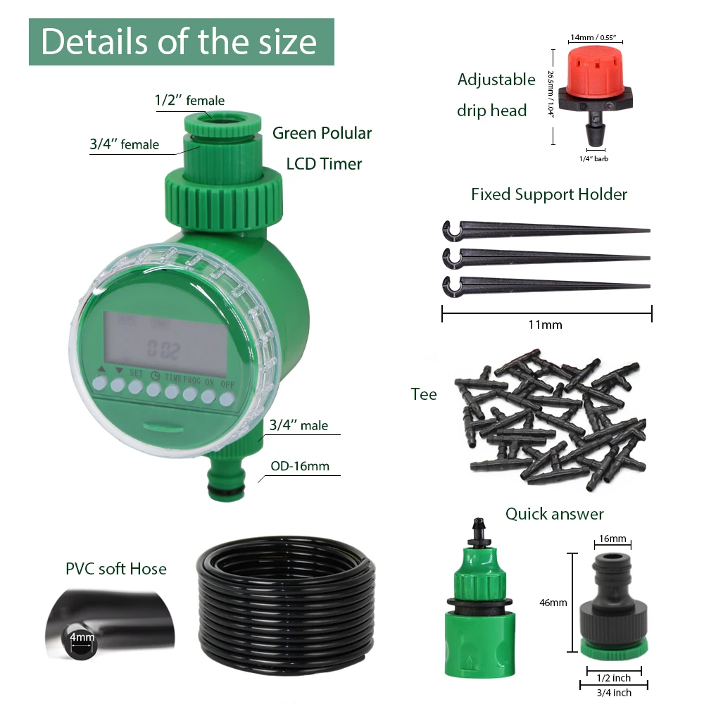 5-50M Garden Drip Irrigation Automatic Watering System Kit 1/4\'\' Nozzles for Bonsai Pot Plant Lawn Flower Vegetable Greenhouse