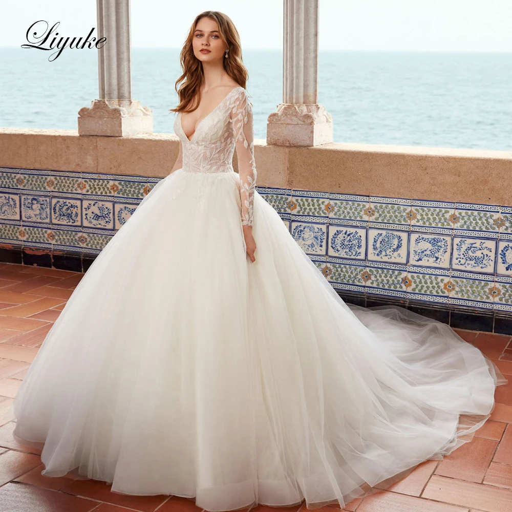 Liyuke Custom Made Sexy Deep V-Neckline Ball Gown Wedding Dress With Delicate Beads Crystals Full Sleeve Of Backless Bride Dress