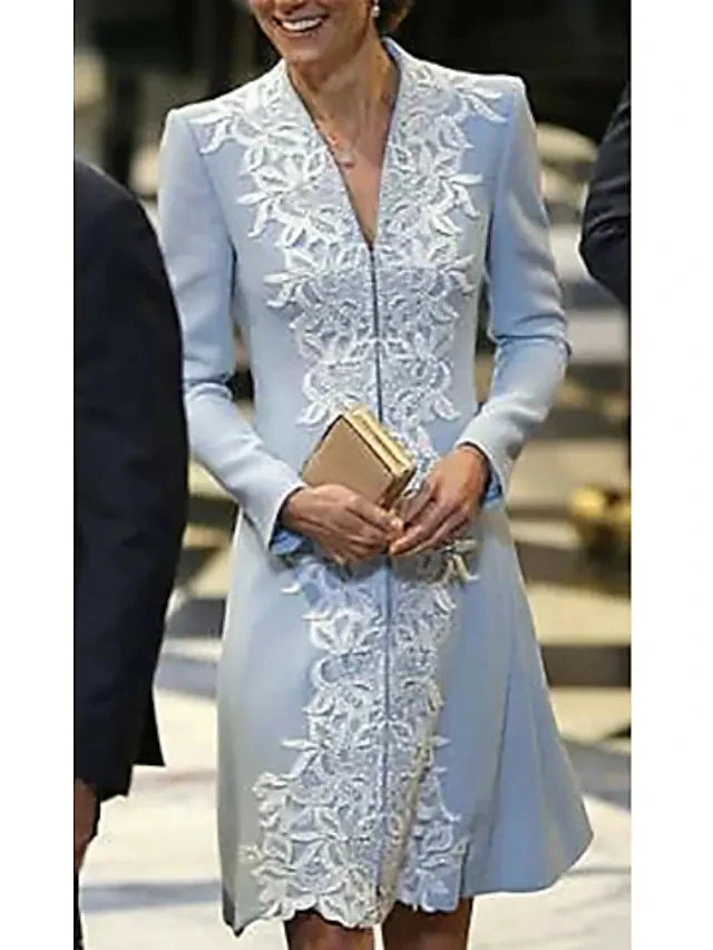 Robe pour mère De la mariée, bleu ciel, col en V, courte, en dentelle, manches appliquées, Robe De soirée De Mariage, 2023