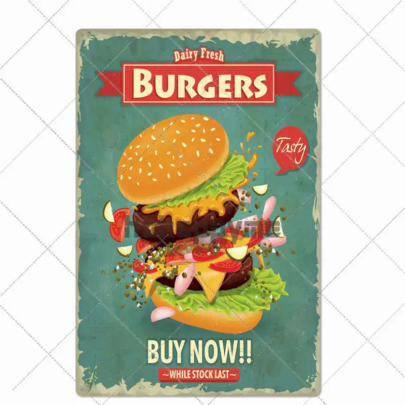 Hamburger Metal Tin Sign Vintage Poster Fast Food Plaque Pub Bar Kitchen Wall Plate Decoration Home Decor 20*30cm