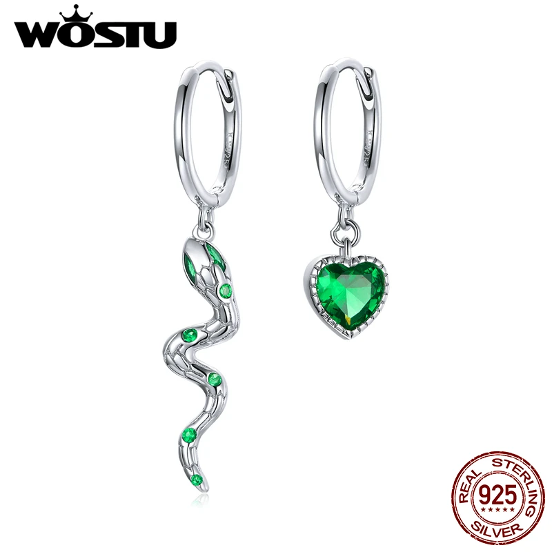 WOSTU Real 925 Sterling Silver Love of Snake Hoop Earrings Green CZ Earrings For Women Fashion Wedding Silver Jewelry CQE1006