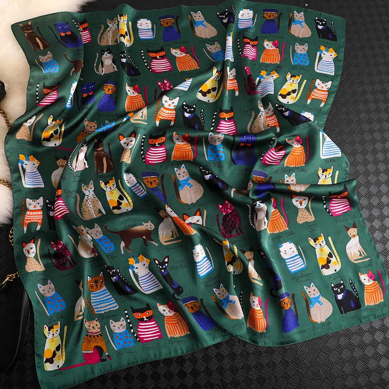Luxury Brand 2024 New Fashion Summer Silk Square Scarf Women Cat Satin Neck Hair Tie Band Beach Hijab Head Female Foulard
