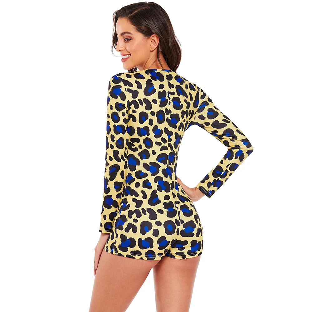 Jumpsuit Women Summer 2024 Elegant Yellow Leopard Print Long Sleeve Shorts Playsuits Female V-neck Bodycon Slim One Piece Romper