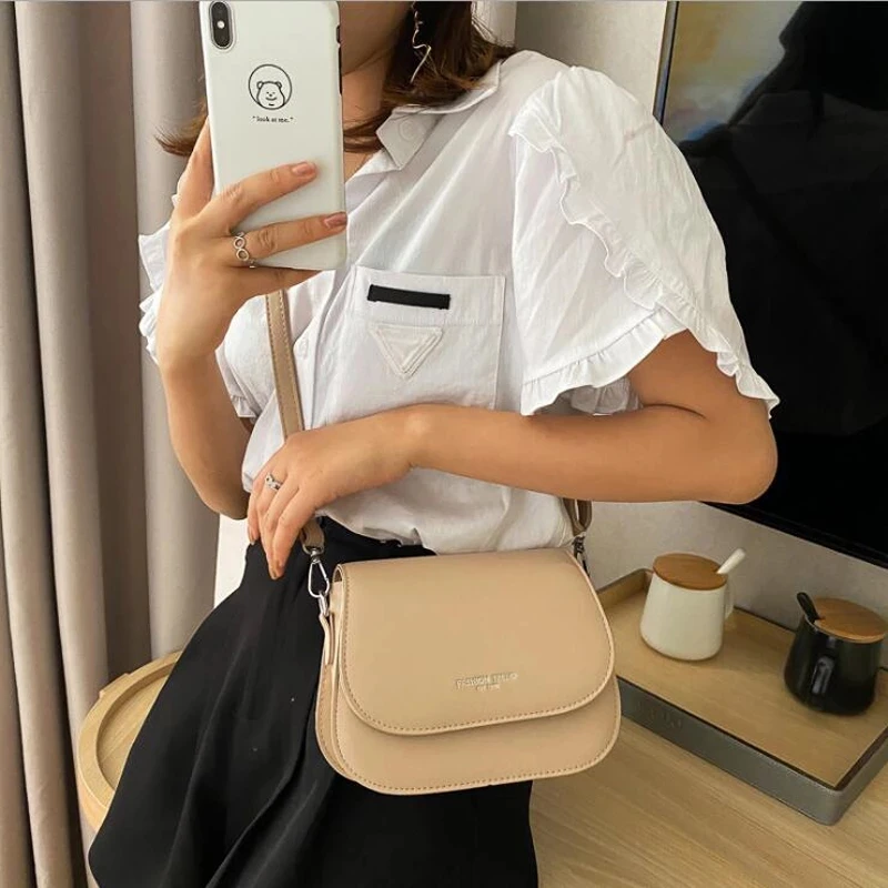 Yogodlns Trendy Sattel Schulter Tasche Frauen PU Leder Umhängetasche Einfache Feste Farbe Klappe Umhängetasche Designer Handtaschen Beutel – Detail 12