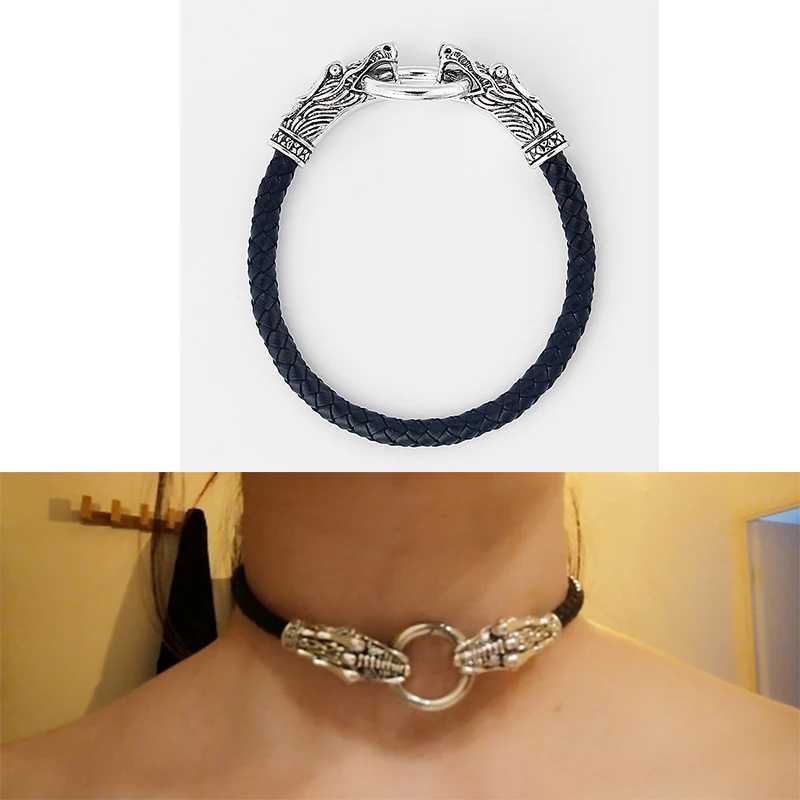 Genuine Leather Choker Necklace Dragon Collar / Choker  With Black Braided Leather 13\