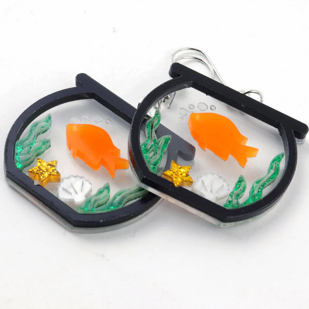 Cute 3D Bubble-spitting Goldfish Acrylic Drop Earrings For Women Girls Creative Funny Fish Bowl Dangle Earrings Fashion Jewelry