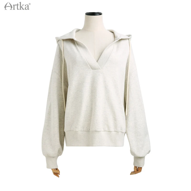 ARTKA 2021 Autumn New Women Hoodies Fashion Casual Pullover V-Neck Hoodies Loose Long Sleeve Gray Hooded Sweatshirt VA20016D