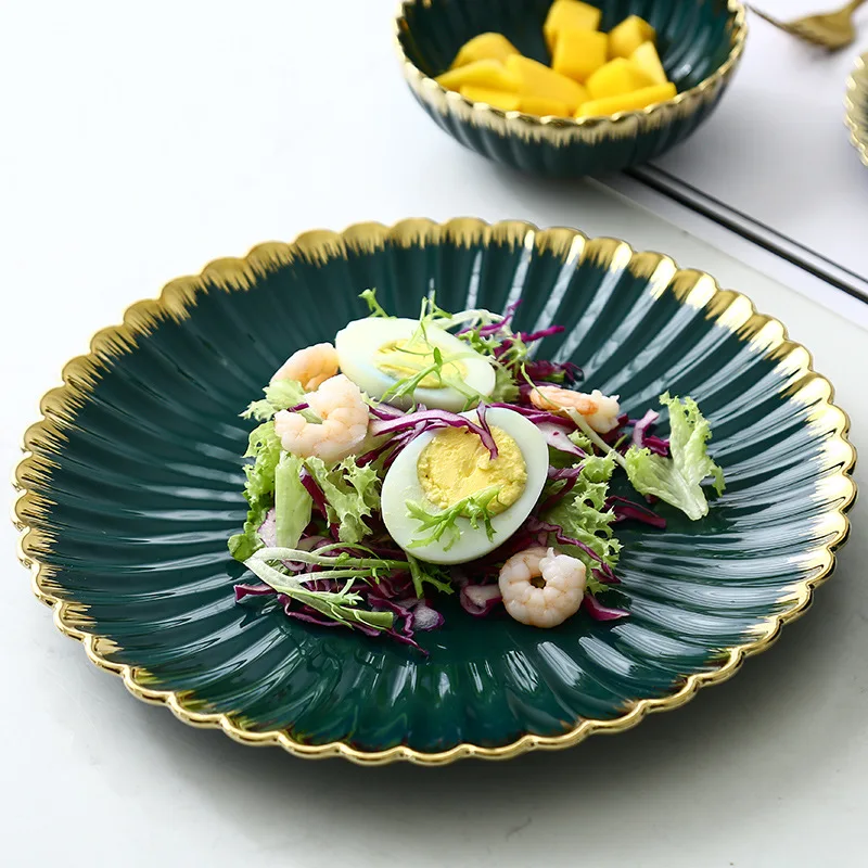 Luxury Vintage Dinner Plates with Gold Rim, Ceramic Oval Platter, Soup Bowl, Salad Bowl, Taste Plate, Green Crockery