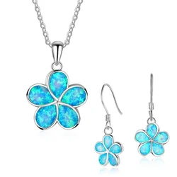 Fashion Flower Imitation Blue Fire Opal Plant Pendant Necklace Earrings For Women Wedding Jewelry Accessories Set Drop shipping