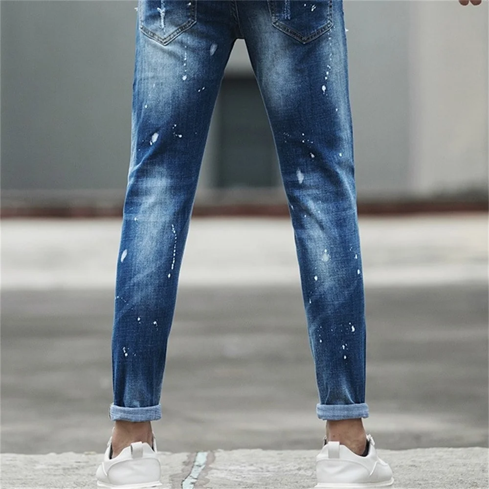 EH·MD® Ripped Frayed Jeans Men's White Splashing Ink Paint Dots Soft Cotton High Stretch Slim Pants Red Ears High Street 2021New