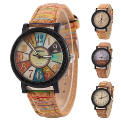 Reloj de pulsera de cuero de grano de madera de superficie de flores de alta calidad Unisex, relojes Vintage deportivos de cuarzo, reloj elegante, moda