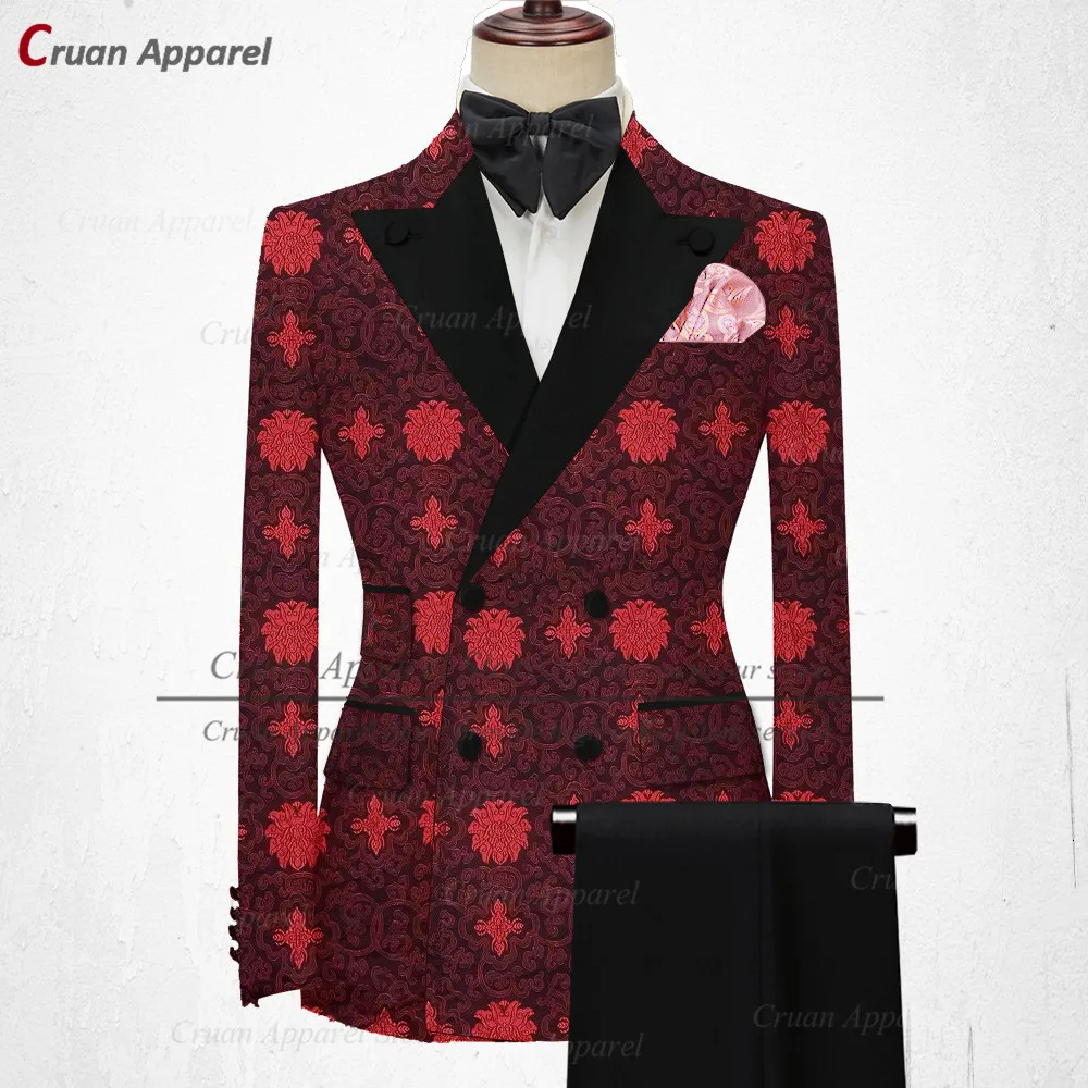 

20 Colors Red Black Floral Printed Suit Mens Set Slim Fit Party Stage Singers Tuxedo Tailor-made Luxury Blazer with Pants 2Pcs