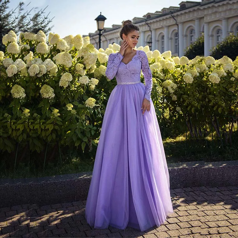 

Charming Lilac Lace Long Sleeve Prom Party Dresses V Neckline Floor Length Beaded Belt Back Out Wedding Guest Gowns for Women