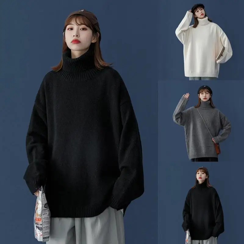 

Однотонный свитер с высоким воротником, женское осенне-зимнее вязаное пальто свободного покроя в Корейском стиле, новинка 2021