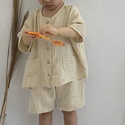 100% Cotton Children's Clothing Suit Summer New Girls Toddler Boys 2pcs Pocket Blouse + Loose Shorts Baby Kids Casual Sets TZ72