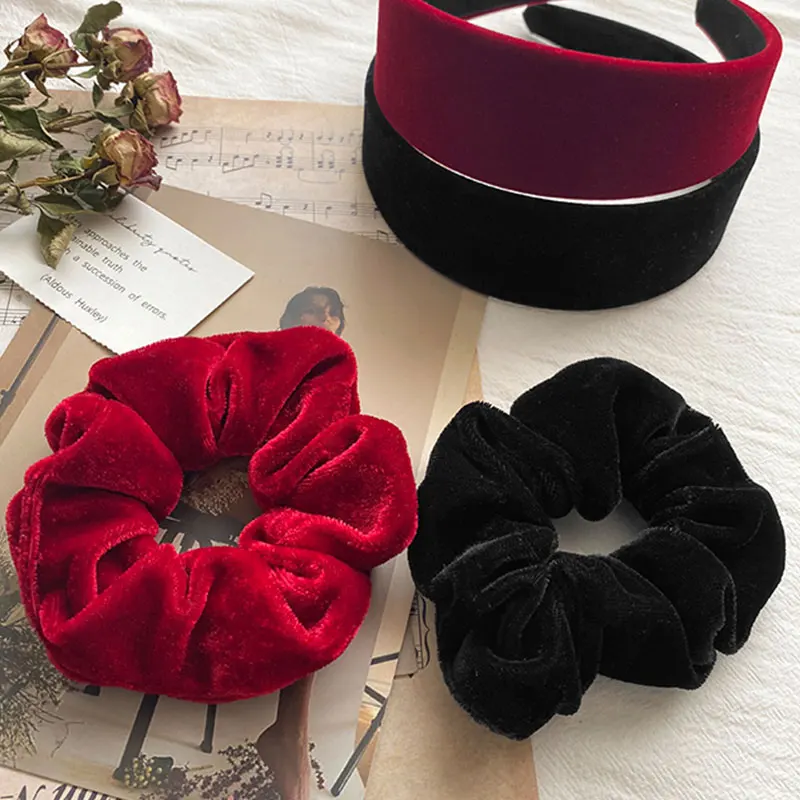 Korea Women Velvet Headband Hair Accessories for Girls Headdress Fashion Black Red Hair Bands Solid Color Bezel Wide Hair Hoop