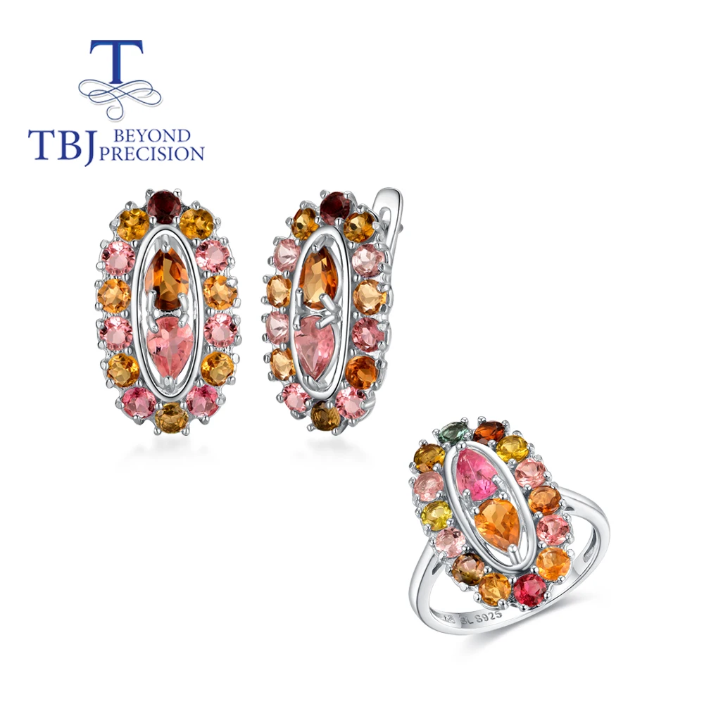 

TBJ,925 sterling silver 6.8ct tourmaline jewelry set natural Brazil colorful gemstone clasp earring ring for women