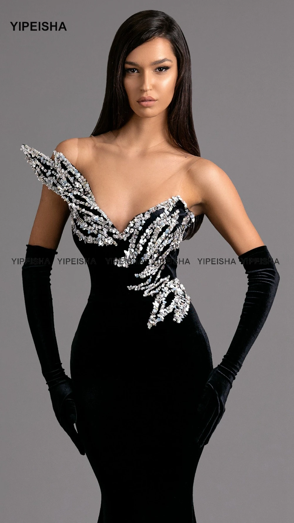 Yipeisha Delicate Beaded Black Prom Dresses Sheer Neck Mermaid Evening Party Dress Long Velour Formal Gown Customized