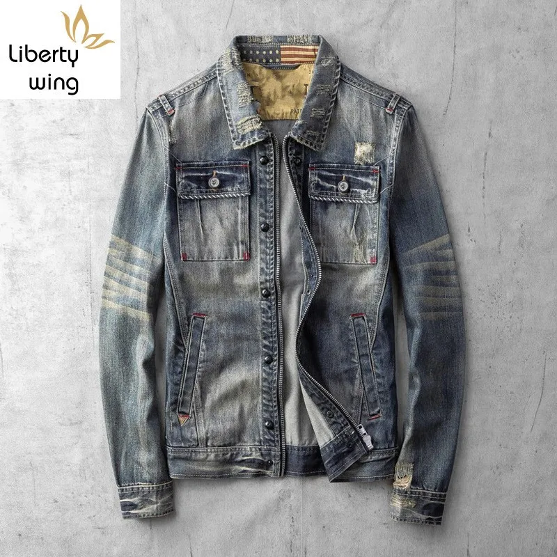 

Korean Fashion Hole Ripped Pockets Mens Denim Jackets Long Sleeve Slim Fit Zipper Fly 100% Cotton Male Outerwear Coats Plus Size