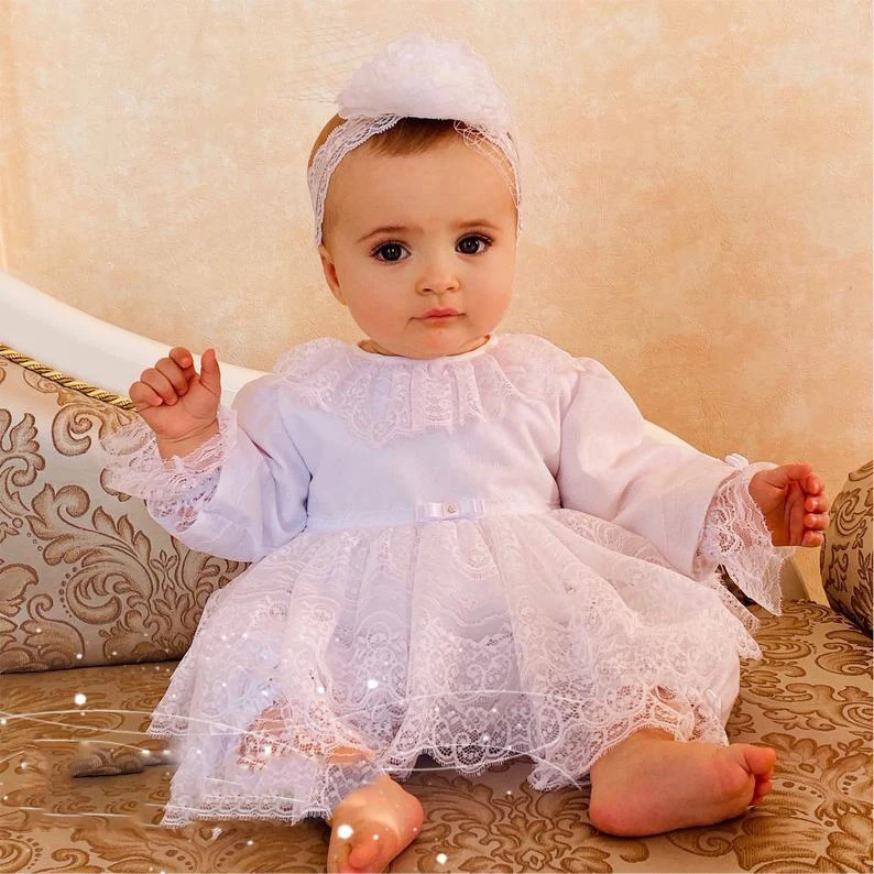 2021เด็กน่ารักGowns Christeningสำหรับสาวน้อยแขนยาวAppliques BaptismชุดเดรสBonnet Firstการสื่อสารชุด